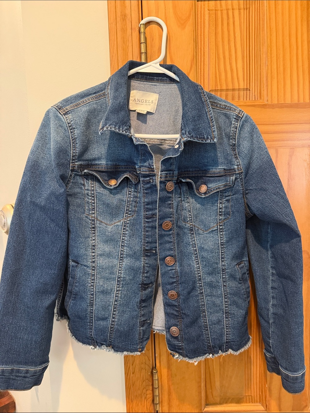 Angels Blue Distressed Hem Denim Jacket